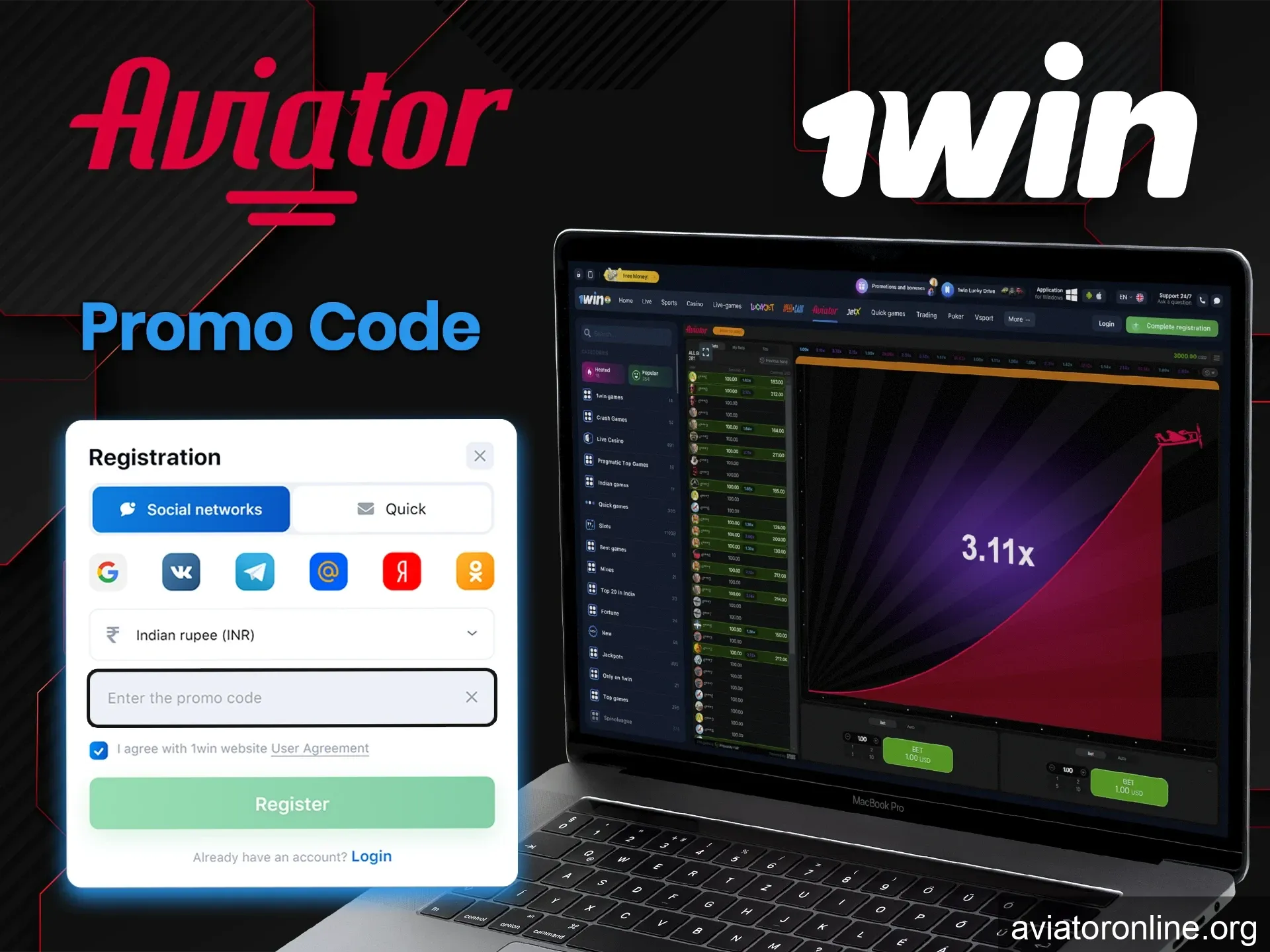 Enter the promo code and get a big 1Win welcome bonus for Aviator.